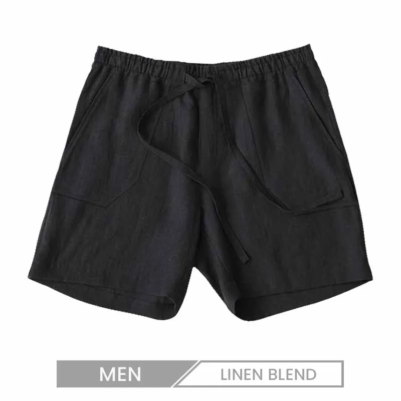 Men Casual Solid Color Pocket Drawstring Cotton Linen Shorts