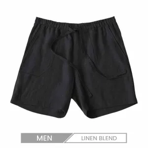 Men Casual Solid Color Pocket Drawstring Cotton Linen Shorts