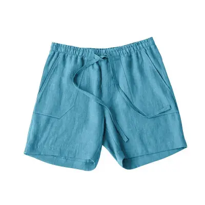 Men Casual Solid Color Pocket Drawstring Cotton Linen Shorts