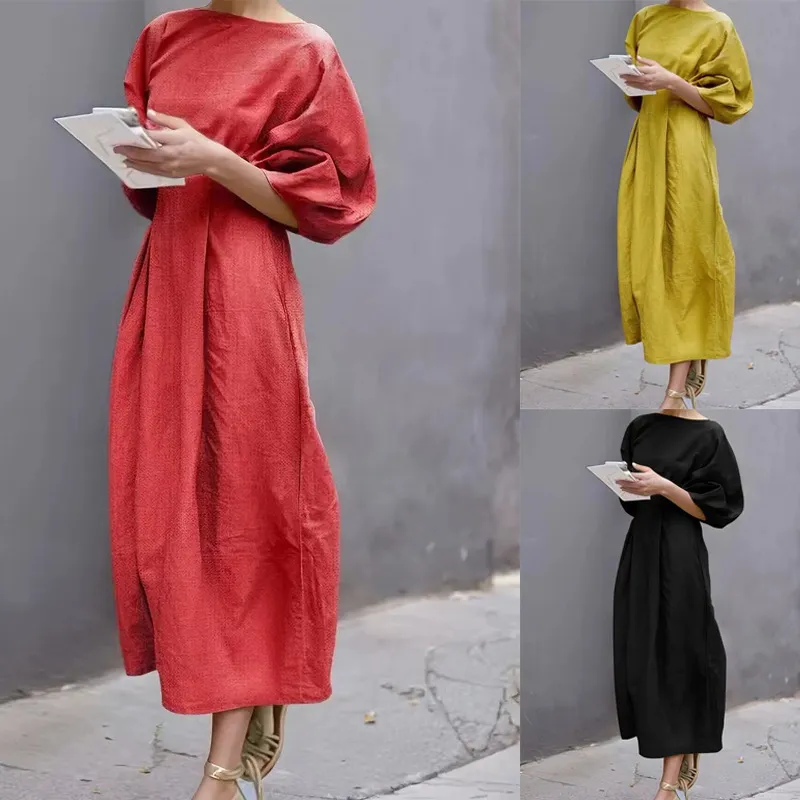 Women Casual Solid Color Loose Puff Sleeve Maxi Dress