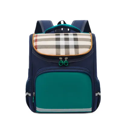 Children Fashion Girls Boys British Style Check Color Matching Canvas Backpack School Bag
