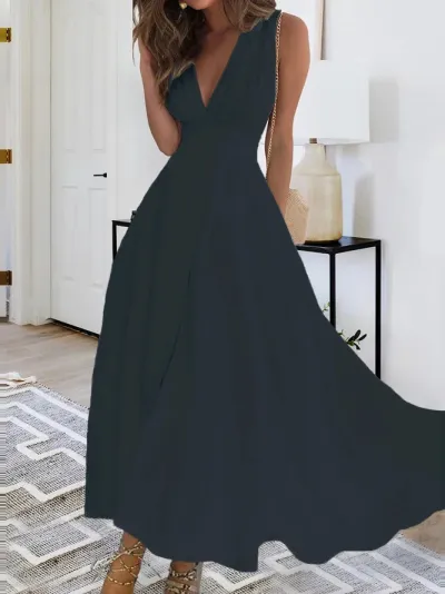 Women Elegant Solid Color V-Neck Maxi Dress