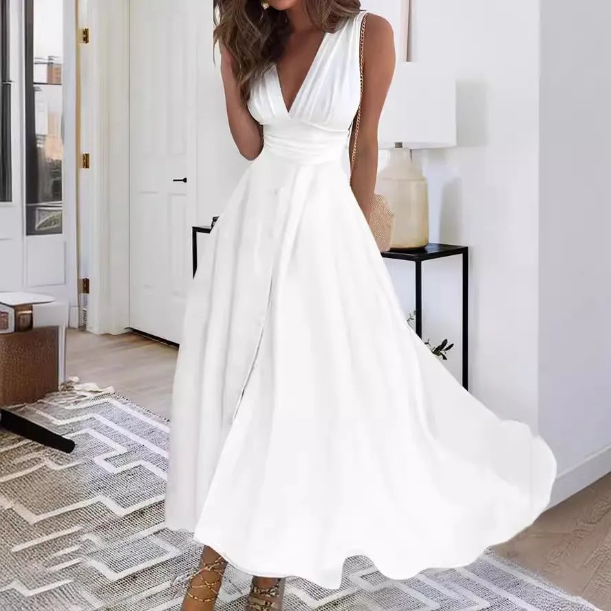 Women Elegant Solid Color V-Neck Maxi Dress