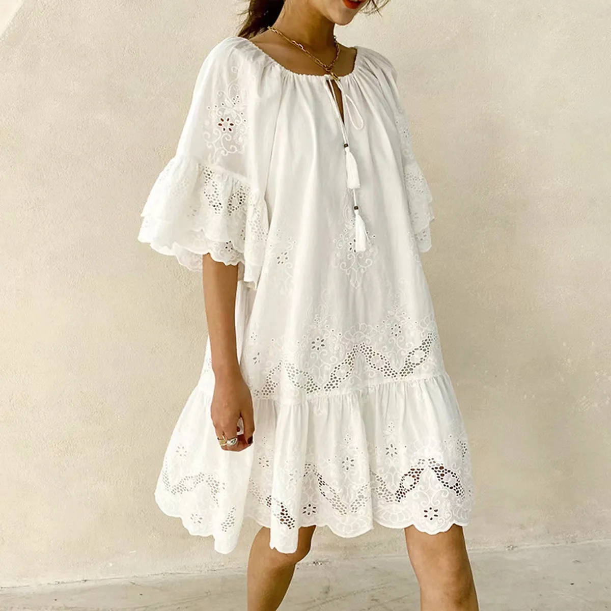Women Casual Solid Color Hollow Cotton Loose Princess Dress