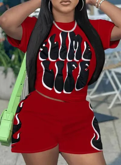 Women Casual Printed Short Sleeve Top Loose Shorts Two-Piece Set