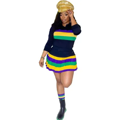 Women Casual Printed Stripe Lapel Long-Sleeve Top Pleated Skirt Two-Piece Set