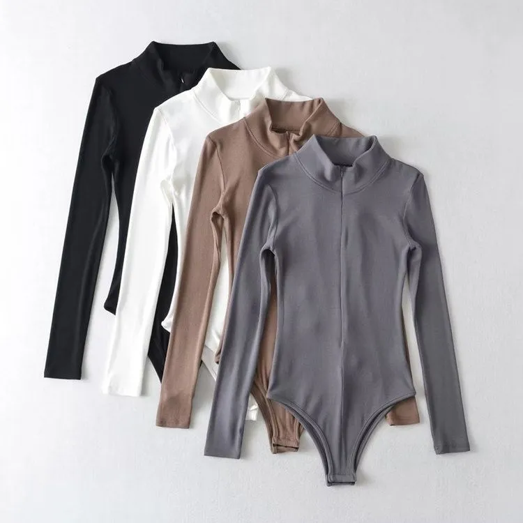 Women Slim-Fit Stand Collar Long-Sleeved Zipper Bodysuit - Solid Color Polyester