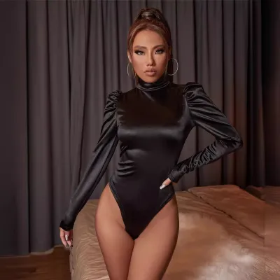 Women Sexy Solid Color Semi-High Neck Pullover Slim-Fit Long-Sleeve Bodysuit