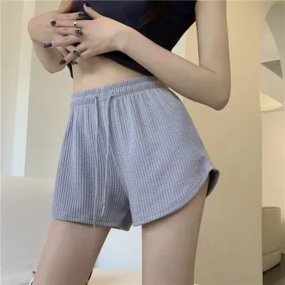 Women Casual Cotton Waffle Drawstring High Waist Shorts