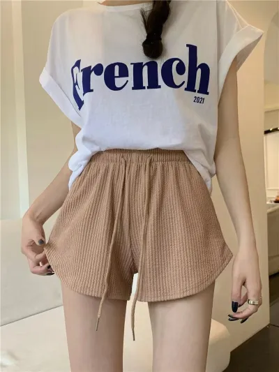 Women Casual Cotton Waffle Drawstring High Waist Shorts