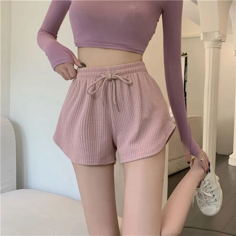 Women Casual Cotton Waffle Drawstring High Waist Shorts