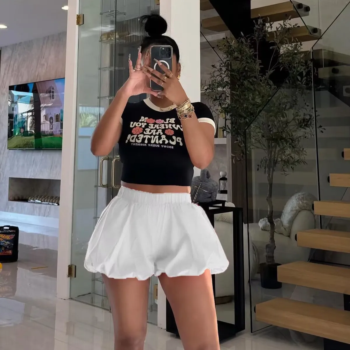 Women Fashion Sexy Solid Color Double Layer Pocket Bloomers Shorts