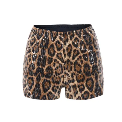 Women Fashion Sexy Leopard Sequins Beaded Elastic Waist Shorts