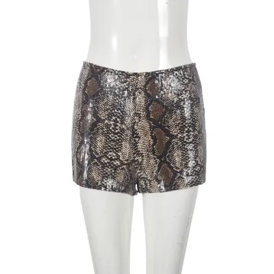 Women Fashion Sexy Leopard Sequins Beaded Elastic Waist Shorts