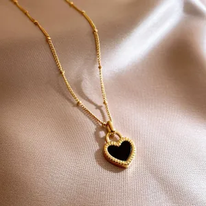 Women Fashion Double-Sided Black Heart Pendant Titanium Steel Chain Necklace
