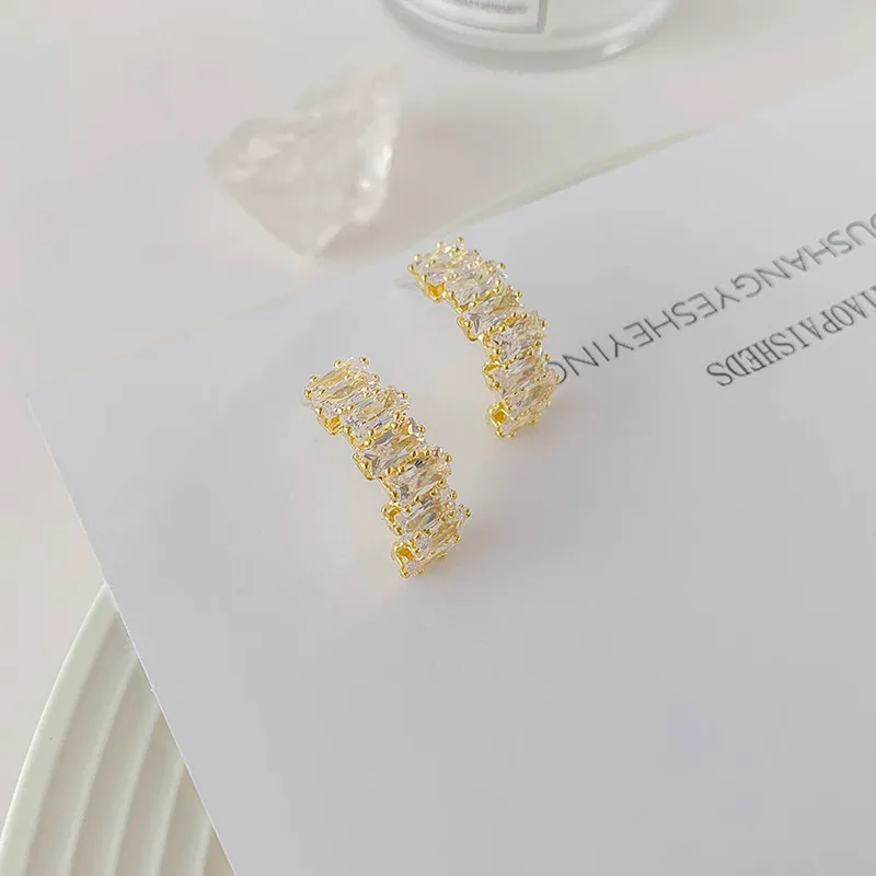 Women Fashion Elegant Simple Square Zircon Rhinestone Ear Stud Earrings