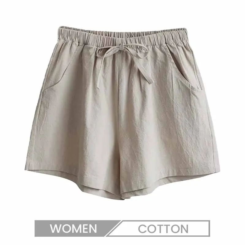 Women Casual Loose High Waist Solid Color Cotton Wide-Leg Shorts