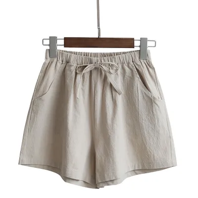 Women Casual Loose High Waist Solid Color Cotton Wide-Leg Shorts