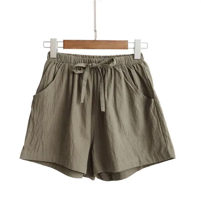 Women Casual Loose High Waist Solid Color Cotton Wide-Leg Shorts