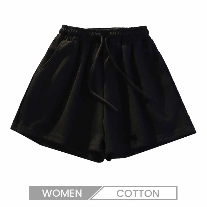 Women Summer Casual Solid Color Cotton Drawstring Shorts