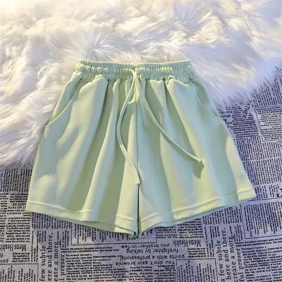 Women Summer Casual Solid Color Cotton Drawstring Shorts