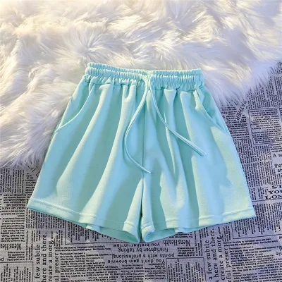 Women Summer Casual Solid Color Cotton Drawstring Shorts