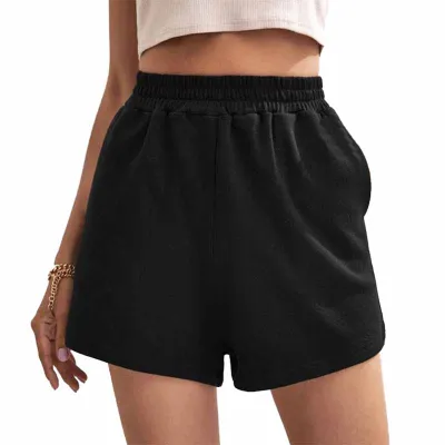 Women Fashion Casual Solid Color Elastic Waist Loose Shorts