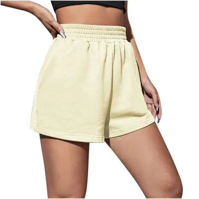 Women Fashion Casual Solid Color Elastic Waist Loose Shorts