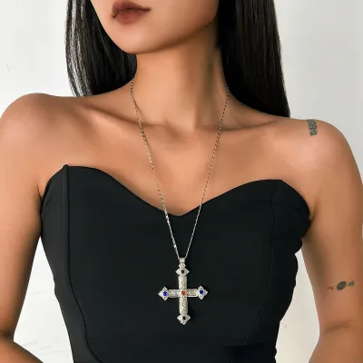 Personalized Rhinestone Cross Pendant Clavicle Necklace Punk Copper Chain Alloy Geometry
