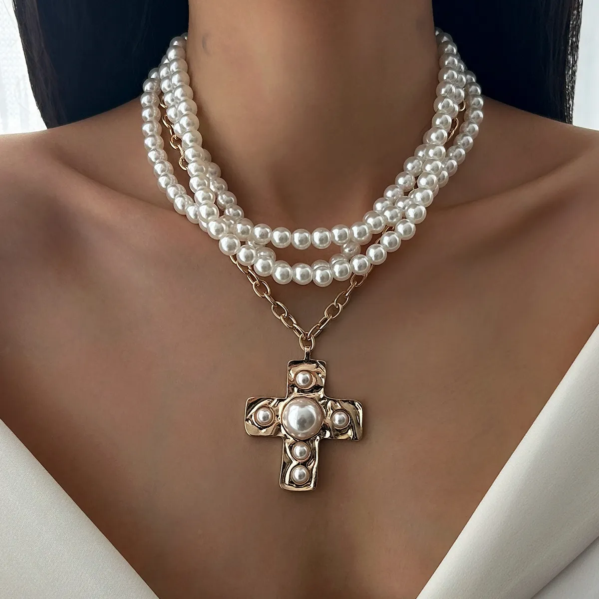 Fashion Exaggerated Pearl Beaded Cross Necklace