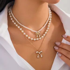 Elegant Pearl Beaded Bow Multilayer Necklace