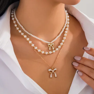 Elegant Pearl Beaded Bow Multilayer Necklace