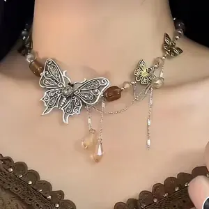 Gothic Ethnic Butterfly Beaded Necklace Twisted Chain