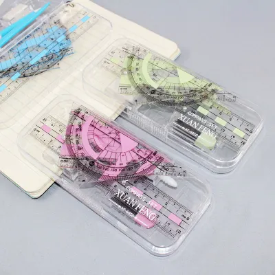 Simple Transparent Geometric Drawing Ruler Pencil Eraser Compasses 7-Piece Set