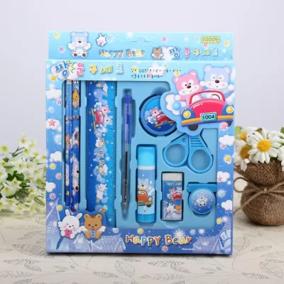 Cute Cartoon Pencil Eraser Ruler Scissors 9-Piece Stationery Set