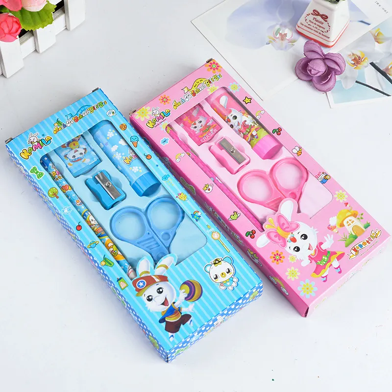 Creative Cartoon Cute Pencil Eraser Scissors 5-Piece Stationery Set