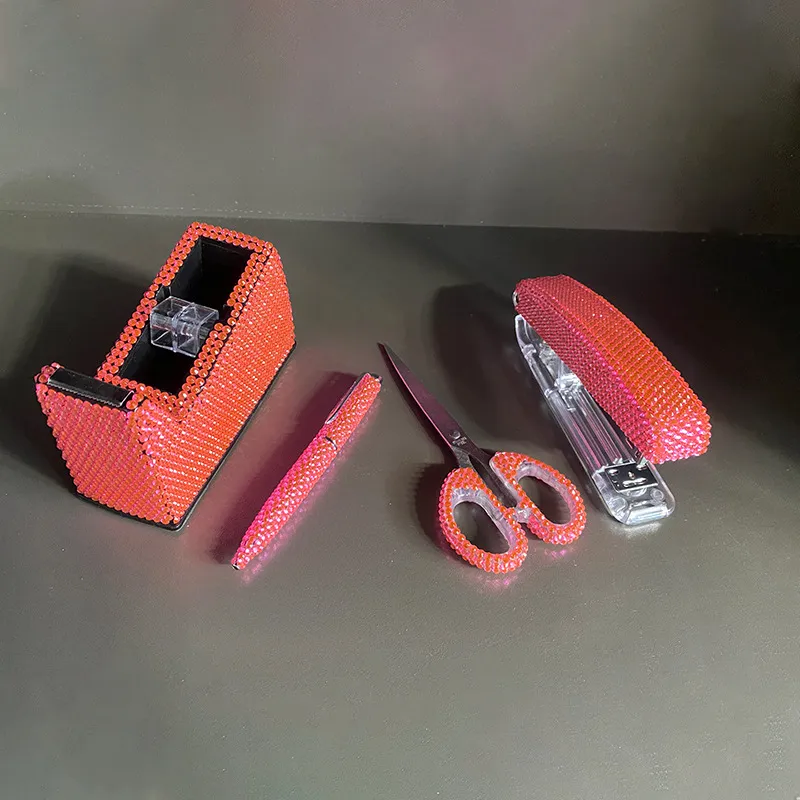 Fashion Rhinestone-Encrusted Sticker Stapler Rubber Stand Scissors Pen 4-Piece Stationery Set