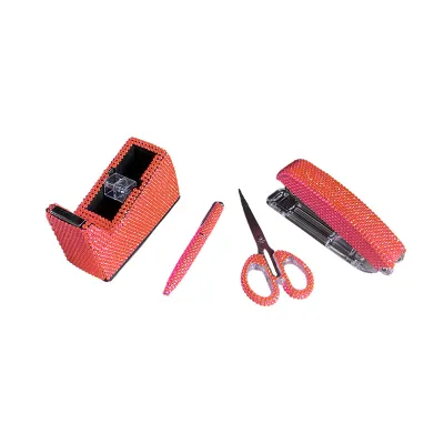 Fashion Rhinestone-Encrusted Sticker Stapler Rubber Stand Scissors Pen 4-Piece Stationery Set