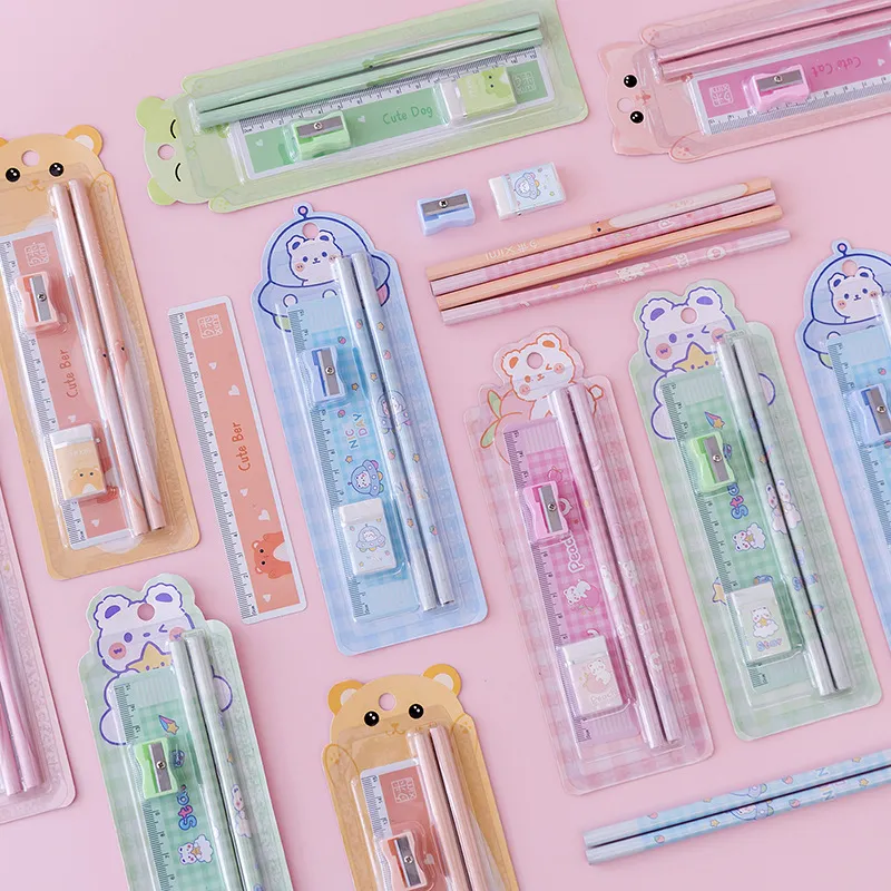 Fashion Cartoon Cute Pencil Eraser Sharpener 5-Piece Stationery Set
