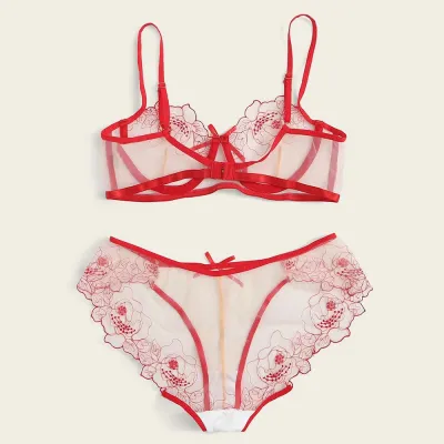 Women Mesh Floral Printed Sexy Lingerie Set
