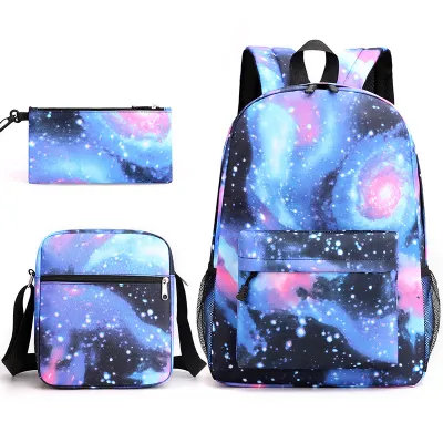 Children Fashion Girls Boys Color Matching Starry Sky Canvas 3-Piece Backpack School Bag