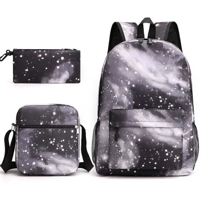 Children Fashion Girls Boys Color Matching Starry Sky Canvas 3-Piece Backpack School Bag