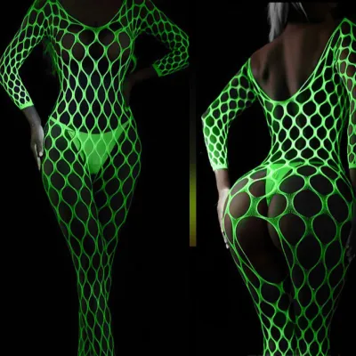 Women Sexy Fluorescent Hollow Fishnet One-Piece Lingerie Bra Set
