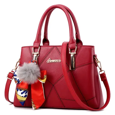 Women Simple Fashion Solid Color Plush Pendant Handbag PU Leather