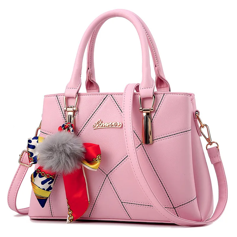Women Simple Fashion Solid Color Plush Pendant Handbag PU Leather