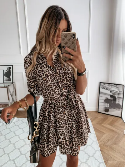 Women Leopard Print Short Sleeve Dress
