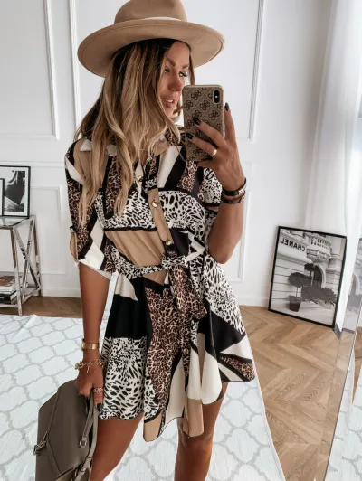 Women Leopard Print Short Sleeve Dress