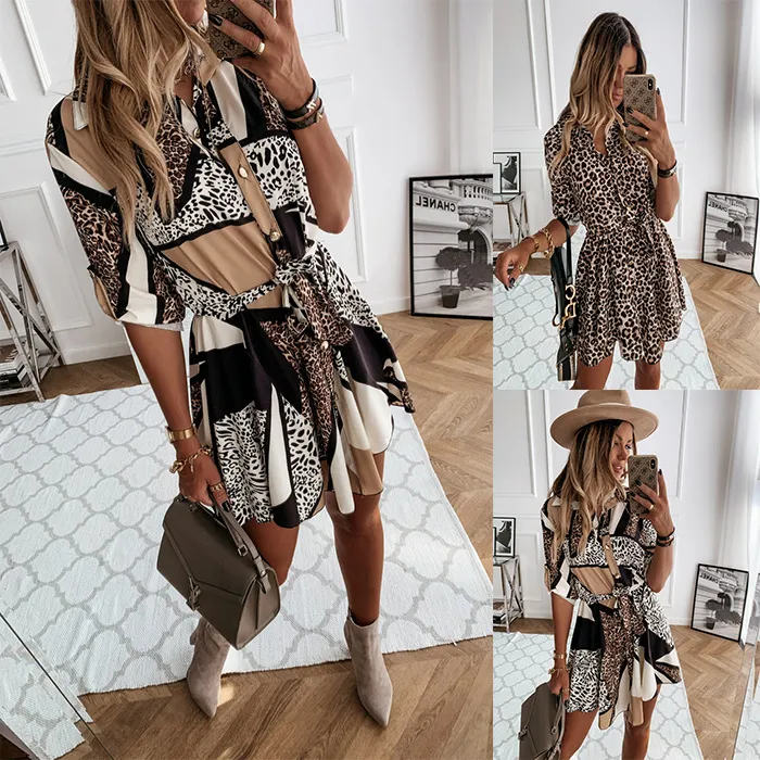 Women Leopard Print Short Sleeve Dress
