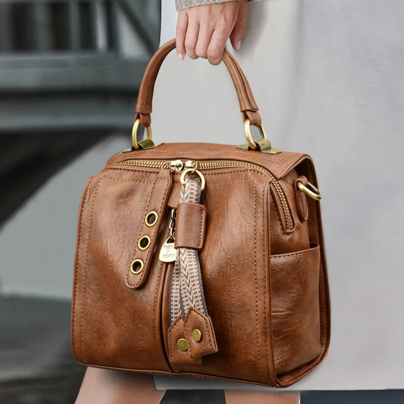 Women Fashion Casual Retro Solid Color PU Bucket Handbag
