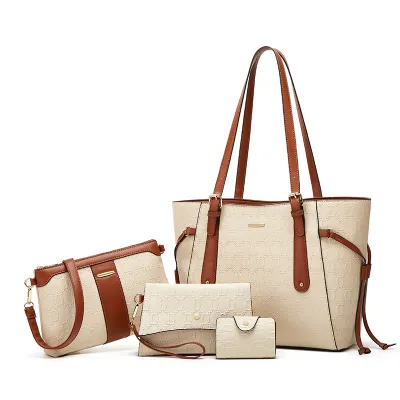 Women Fashion Simple Contrast Color Large Capacity PU Handbag 4piece Set Child-Mother Bag